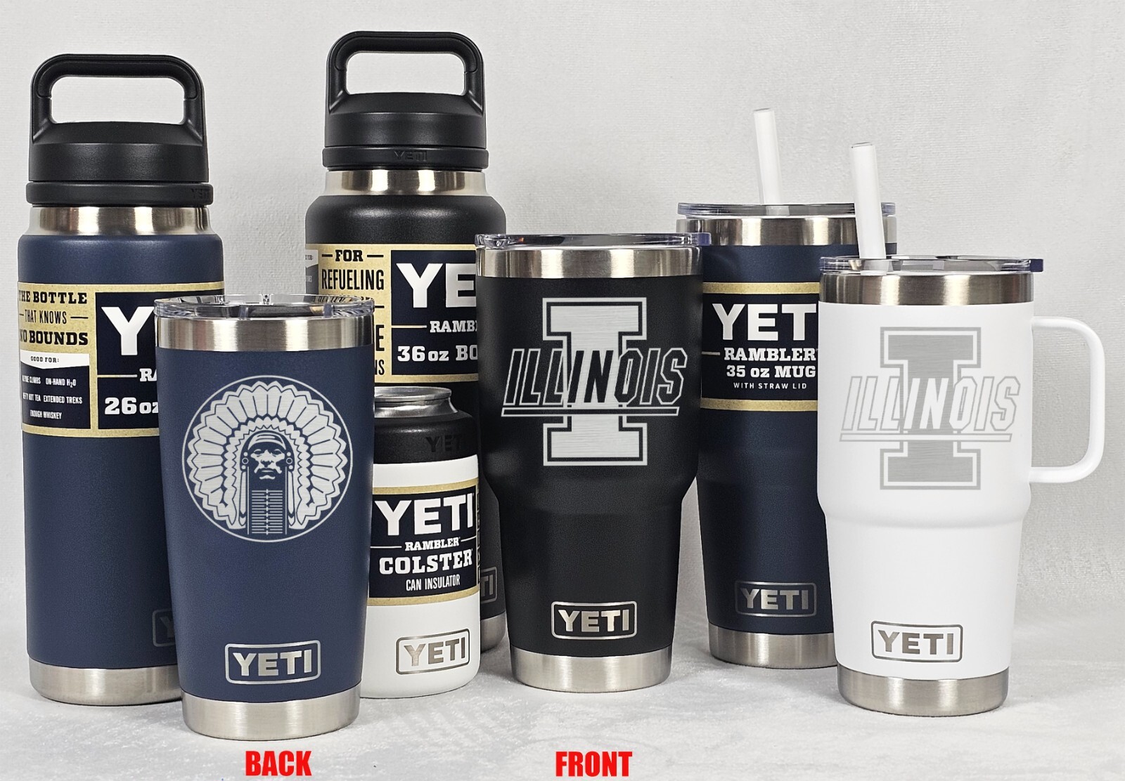 Illinois Fighting Illini YETI Laser Engraved Tumblers, Mugs, Colsters, Bottles