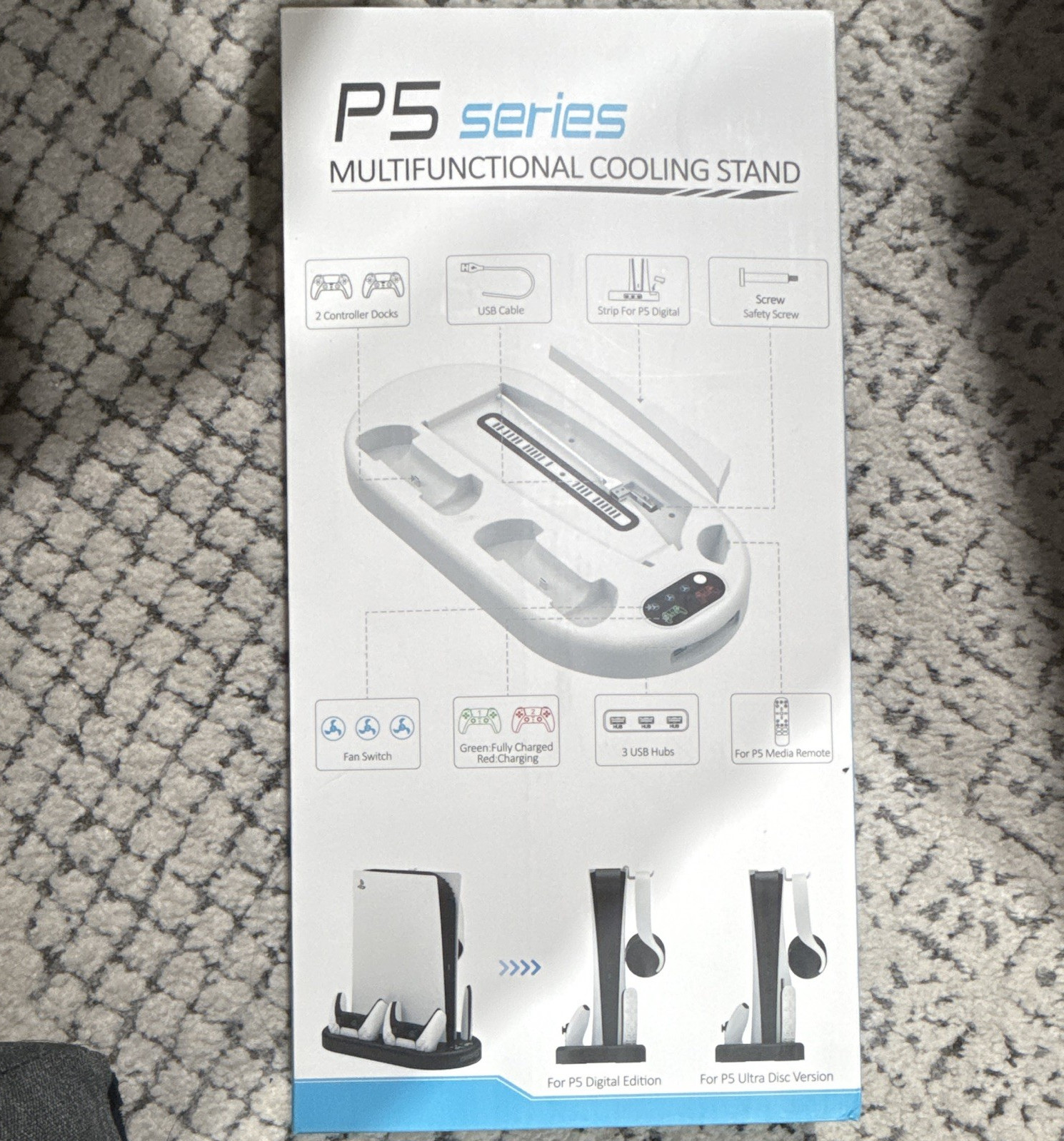 PS5 Series Cooling Stand w/ Fan Controller Charging Dock USB Hub, White