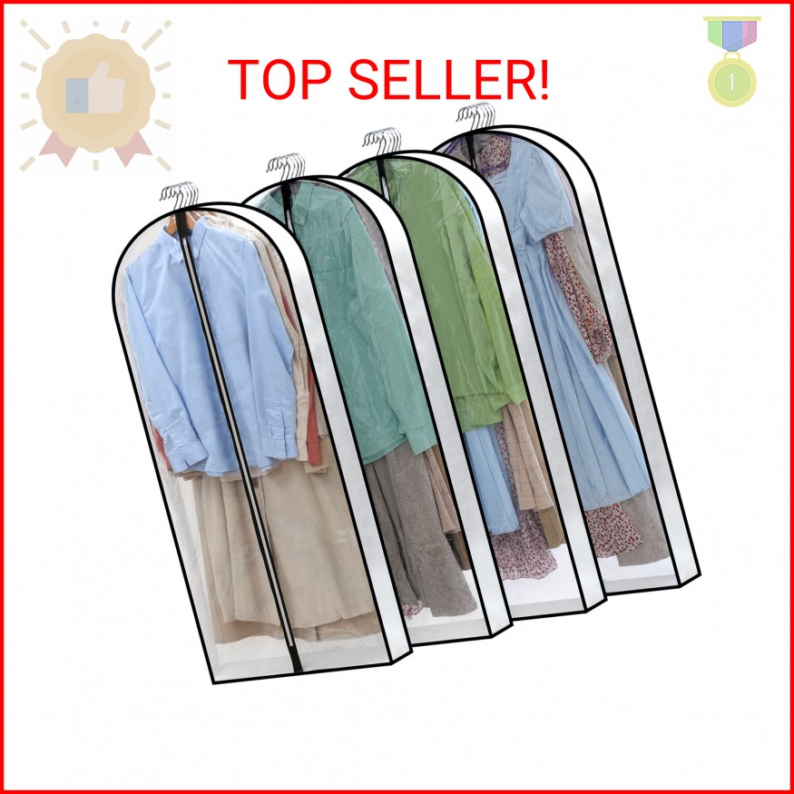 Perber 50" Clear Garment Bags for Hanging Clothes W/ 4" Gussetes, 4 Packs Suit B