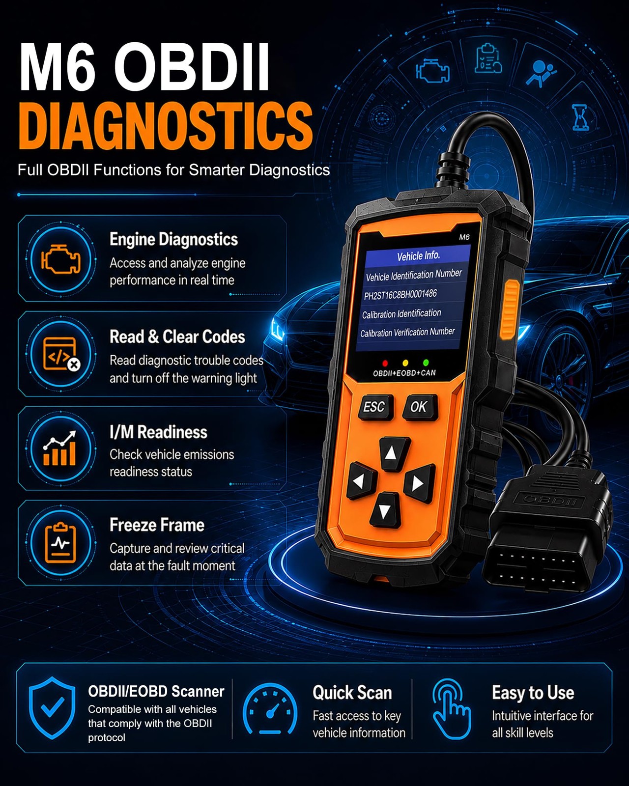 Vecooneen OBD2 Scanner M6,Car OBDII Diagnostic Code Reader,with Orange