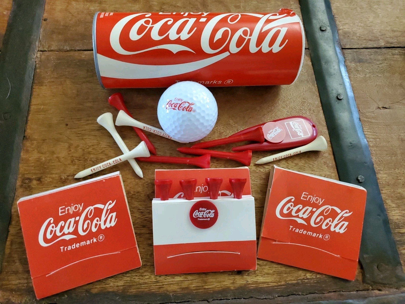 Set Of 3 Vintage Coca-Cola Match Book Golf Tees And A Coca-Cola Canister wBall