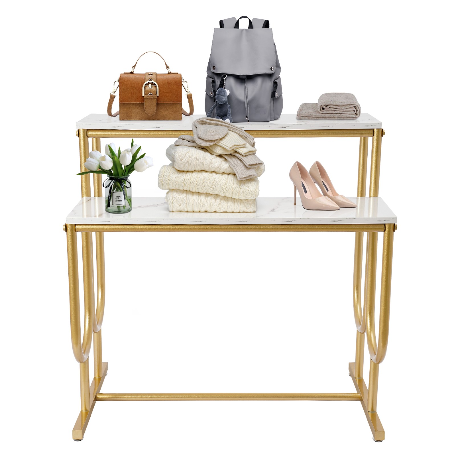 Purse Display Stand, Free Standing Handbag Display Stand, 2 Tier Display Table