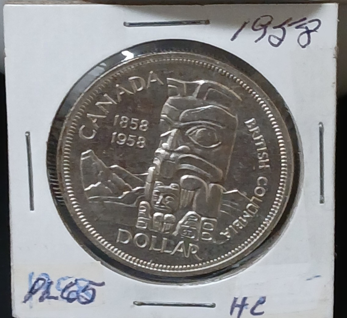 Canadian Dollar British Columbia 1858-1958  Totem Pole .800 Silver  1958