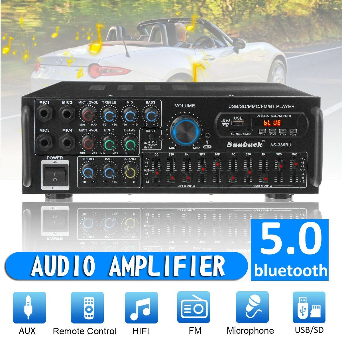 Sunbuck 2000W Power Amplifier 2-CH Bluetooth 5.0 Stereo FM USB EQ AUX w/ Remote