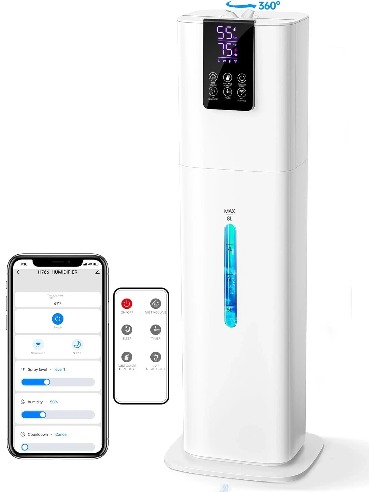 Humidifiers H786 Tower Cool Mist, Remote Control, White, Plastic, Electric
