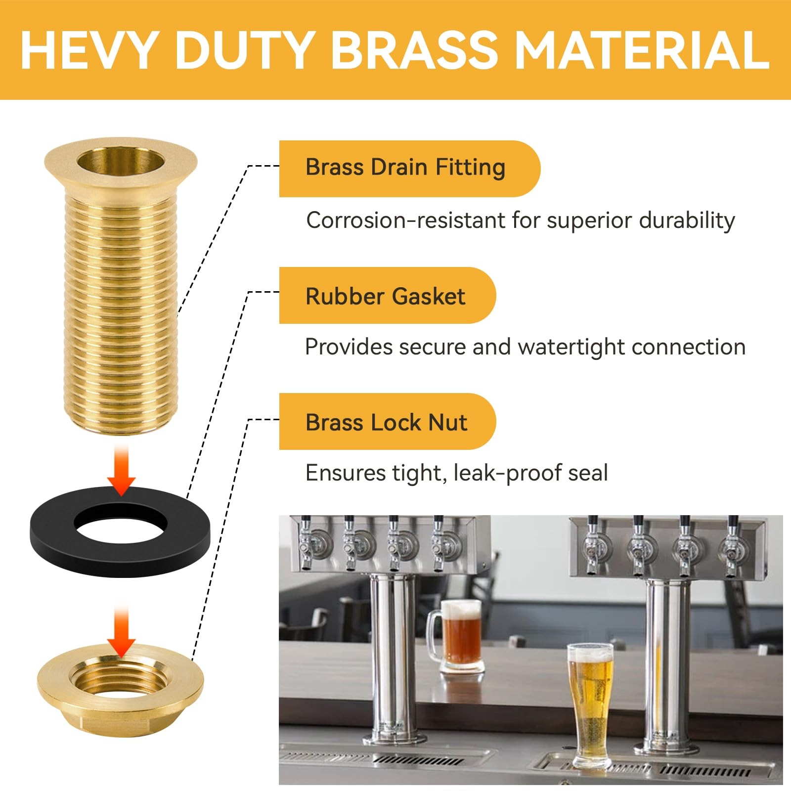 Drip Tray Drain Assembly 2 Brass Fitting 1/2 NPT Outlet Gasket Lock Nut