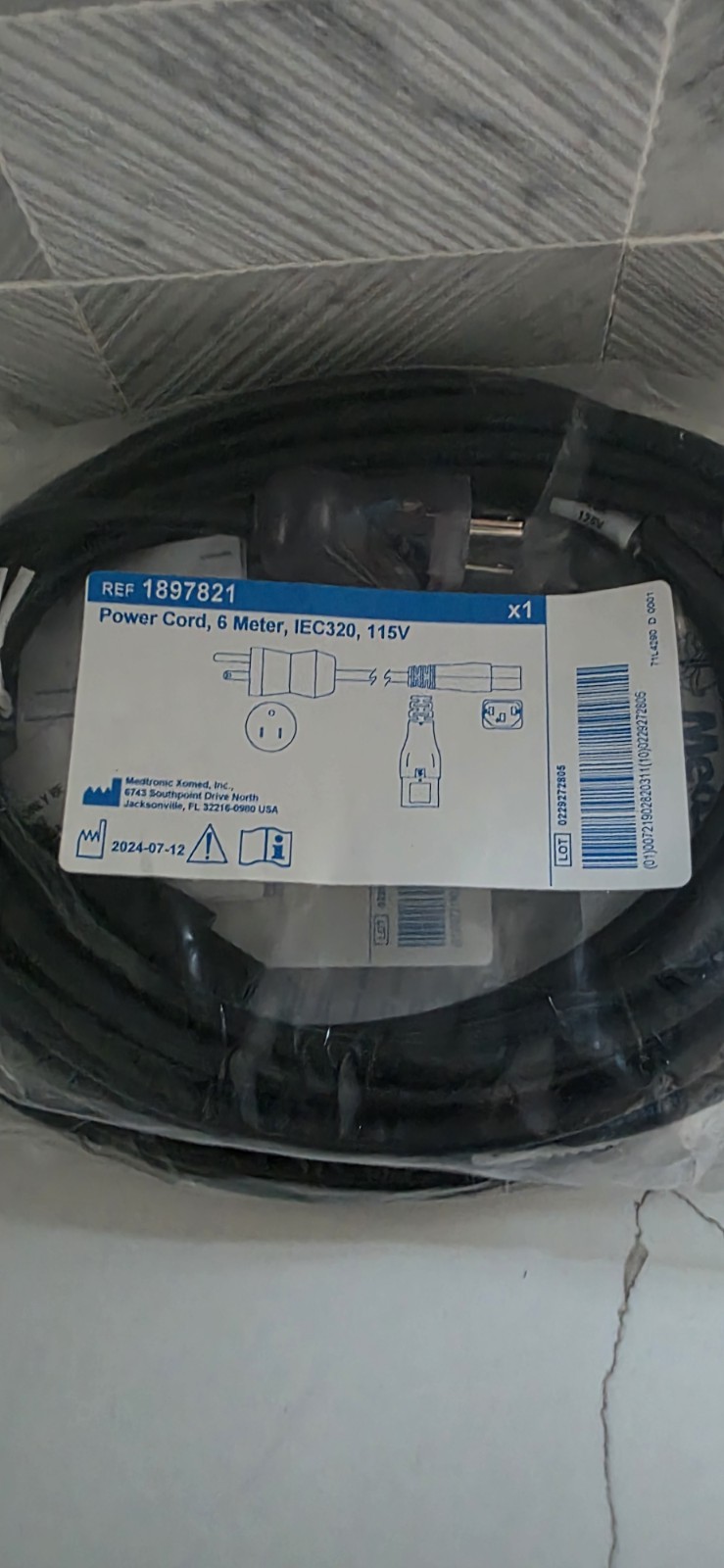 Medtronic REF 1897821 Power Cord, 6 Meter, IEC320, 115V