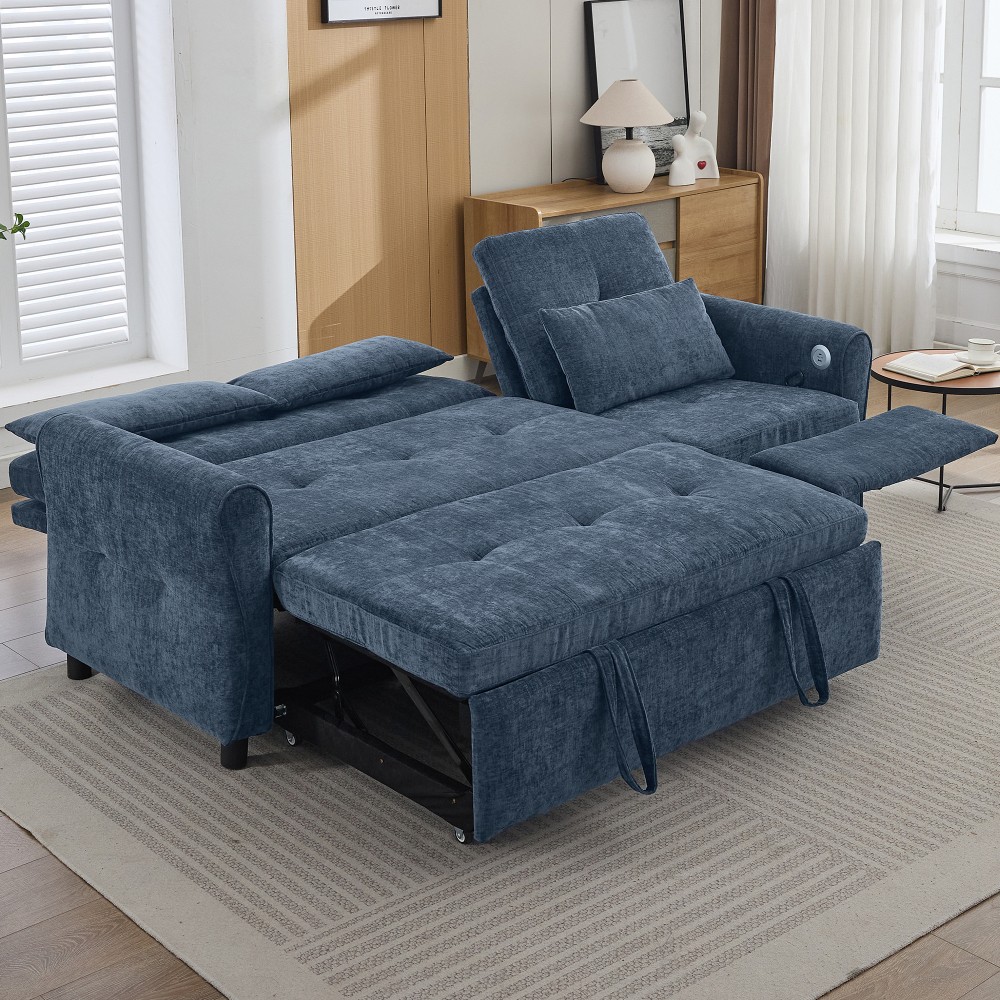 82" Blue Chenille Sofa Bed w/ Reversible Recliner, Adjustable Backrest, USB