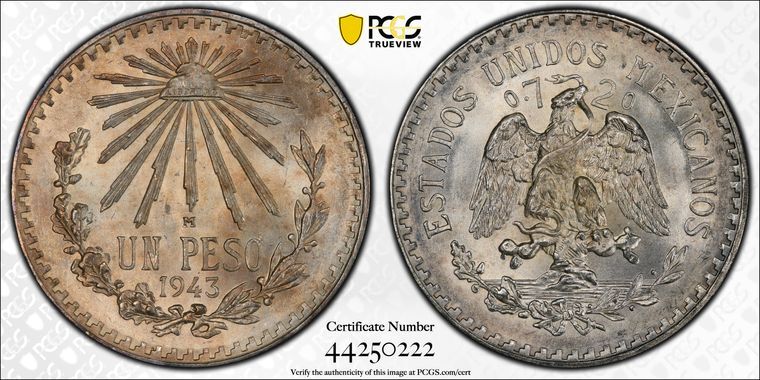 1943 M PCGS MS66 | MEXICO - Un Peso Coin #40246A