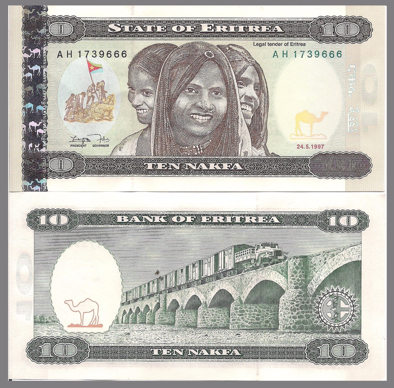 Eritrea P3, 10 Nakfa,  1997, 3 woman, camel, women  /  truck, viaduct, UNC $7+CV
