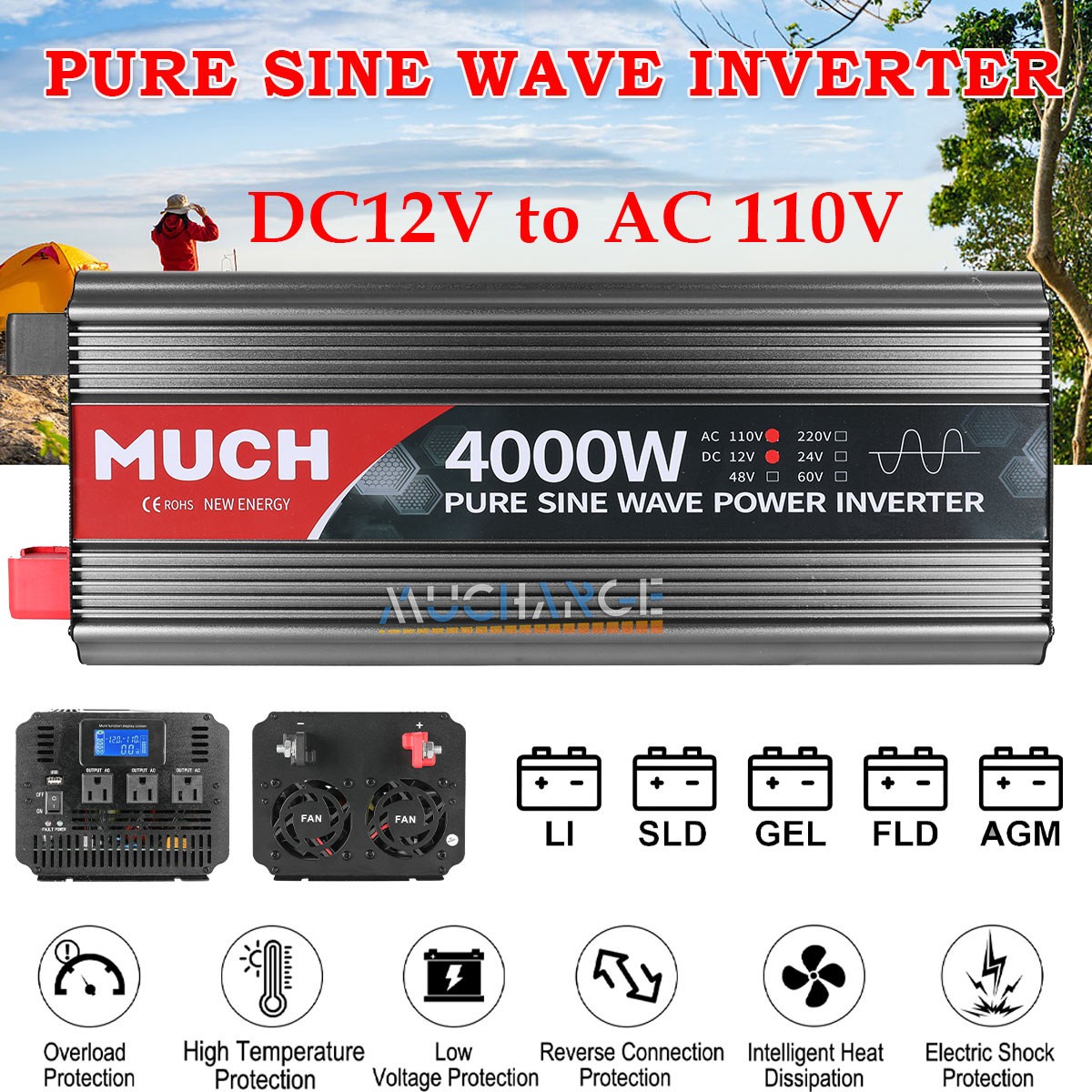 Car Power Inverters 3000W 4000W LCD DC 12V to AC 110V High Power Inverters RV