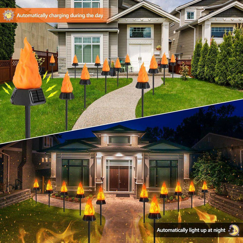 4-Pack Black Plastic Solar Outdoor Torch Lights with Flickering Flame Waterproof