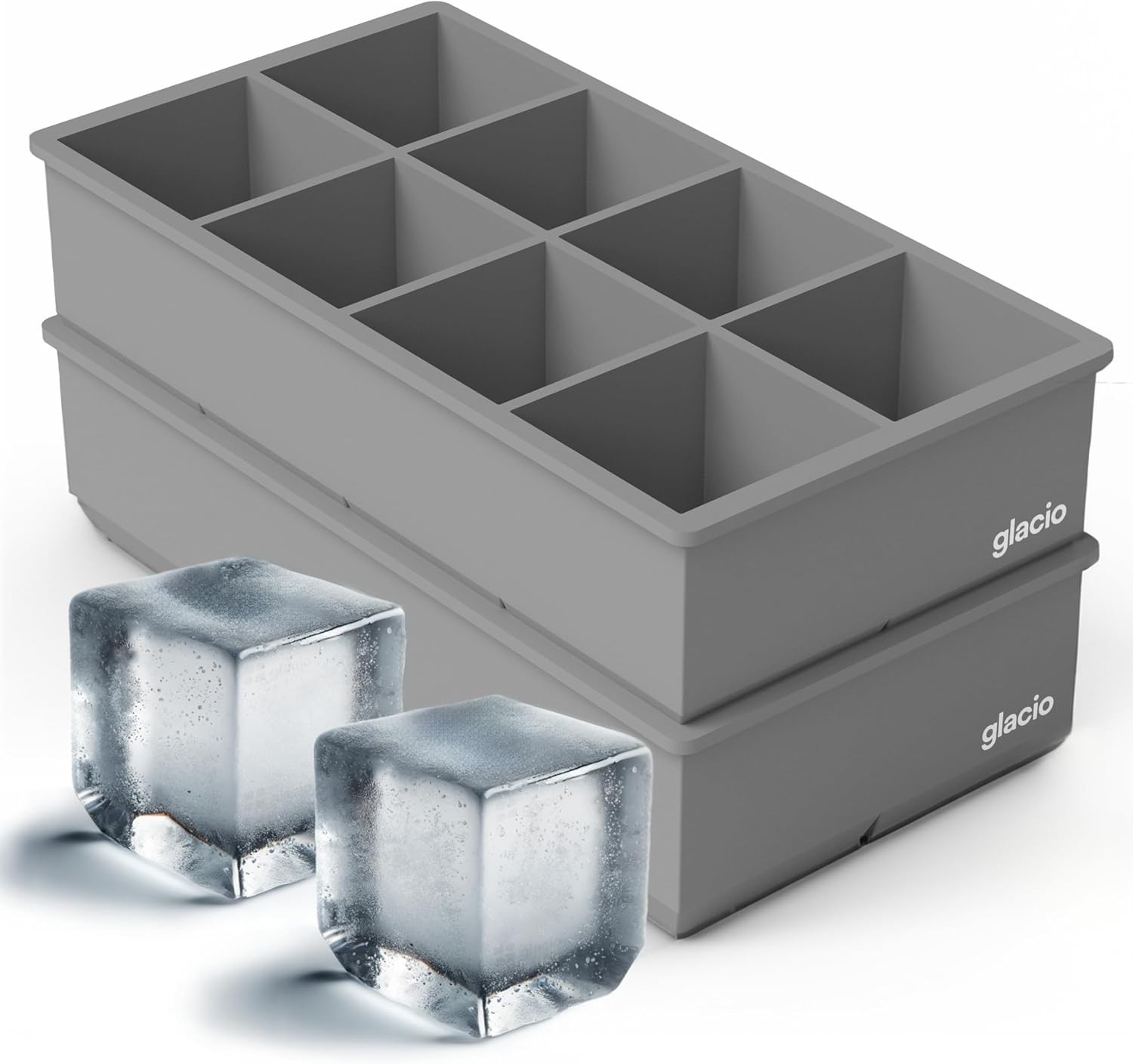 Ice Cube Molds - 2-Pack Silicone Trays for 8 Large Square Cubes - Slow-Melt Ice