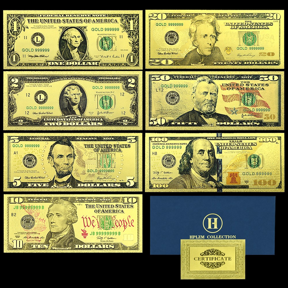 7pc/set US Dollar Gold Foil Banknotes Plastic Money Collection Souvenir Gift