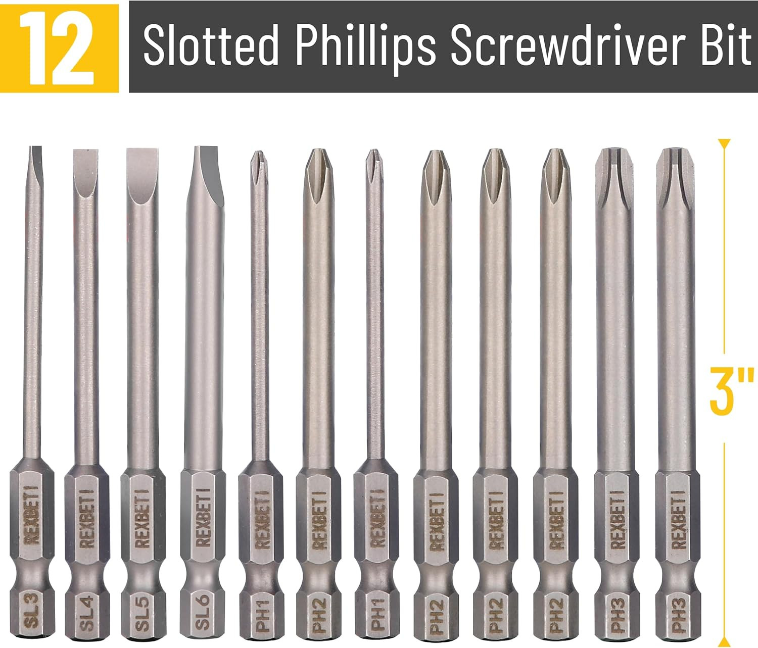 12Pcs Screwdriver Bit Set 3 Inch Slotted Phillips Magnetic Drill Bit Set 1/4 Hex