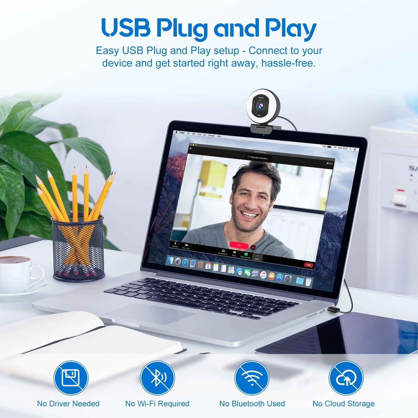4K Webcam with Ring Light Web Cam 4K Autofocus with TOF Computer Camera 1080P...