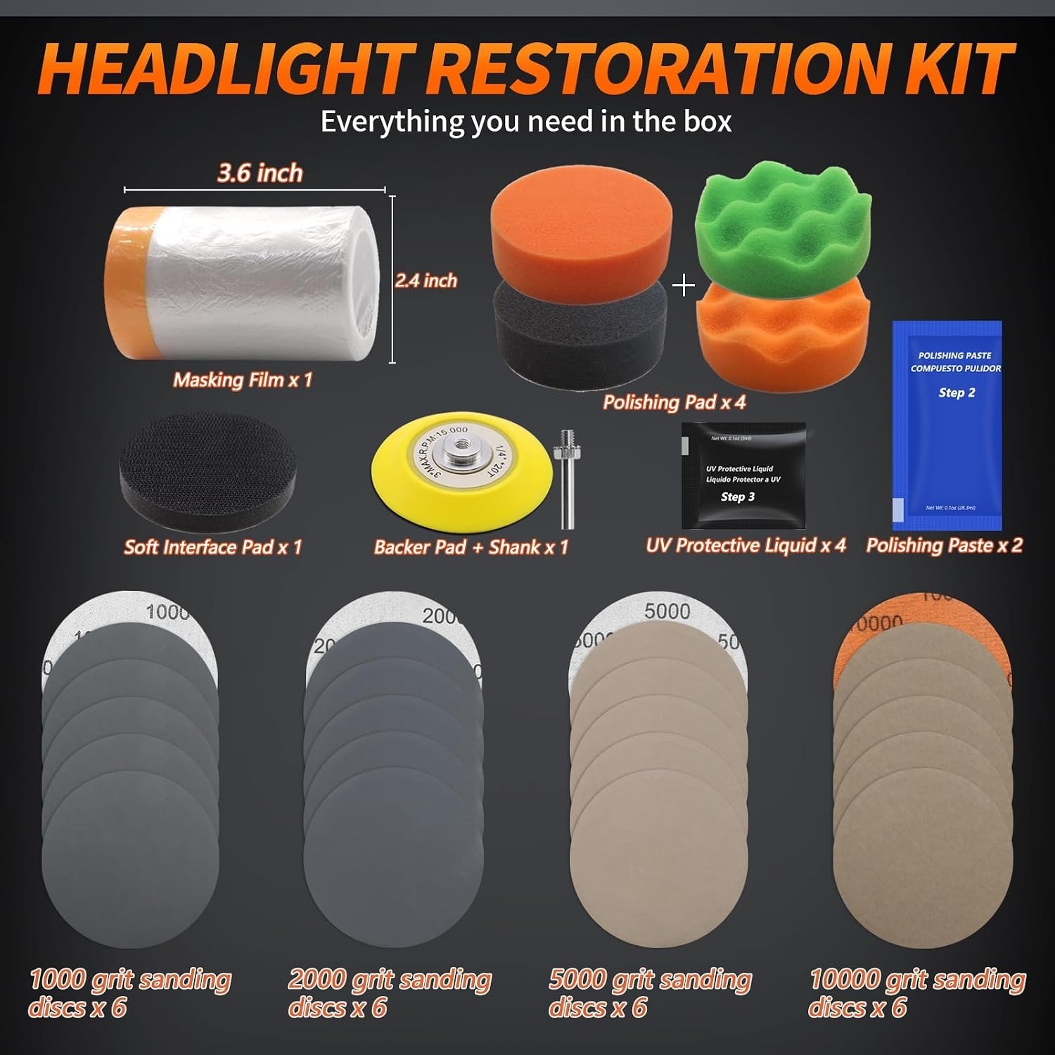 Headlight Restoration Kit 37Pc Drill Sanding Polishing Compound Set