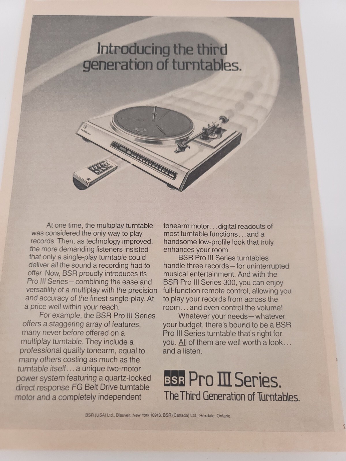 1981 BSR Pro III Series 300 Turntable Print Ad Music