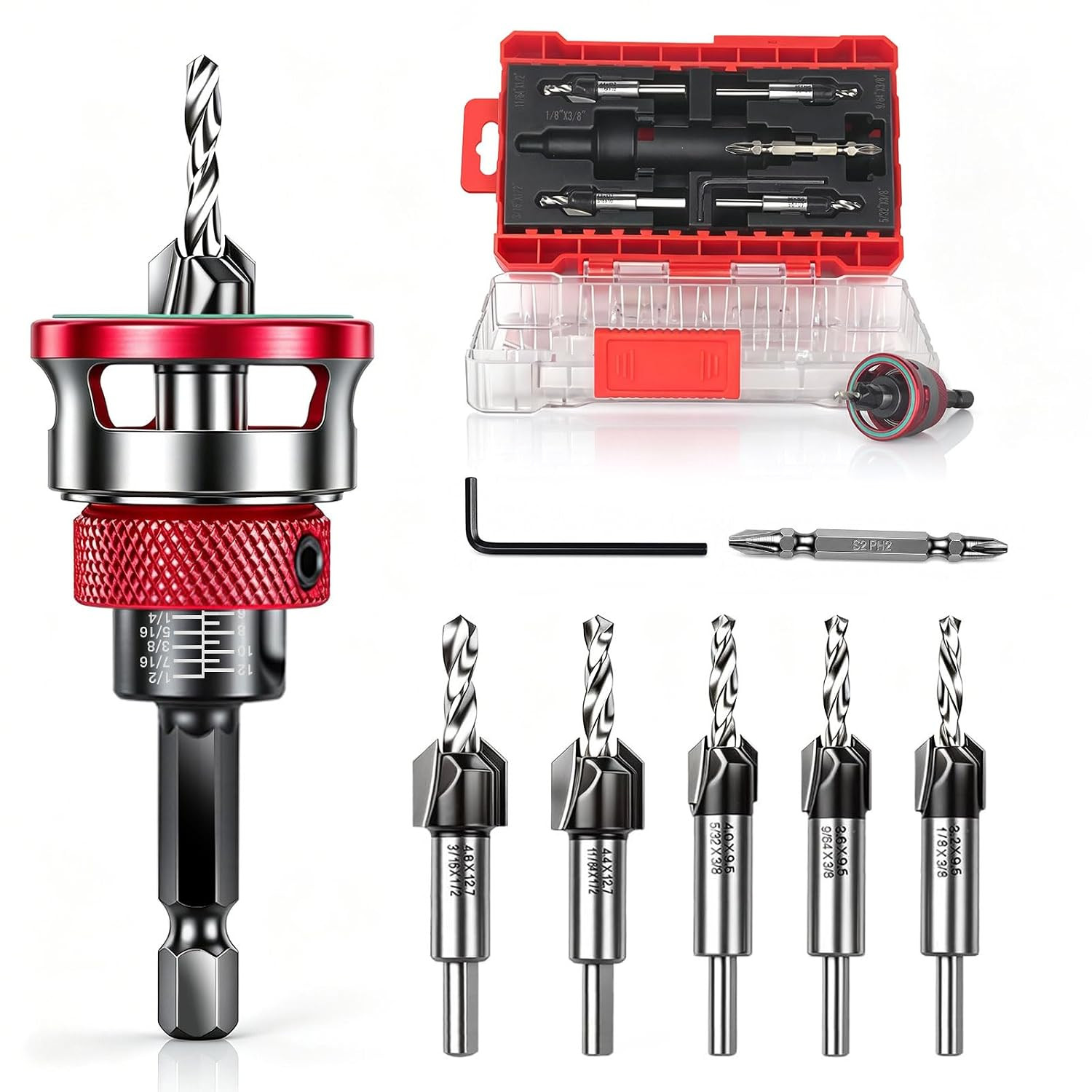 9PCS Countersink Drill Bit Set, 5PCS Two Flute Counterbore TCT Alloy HSS M2 Coun