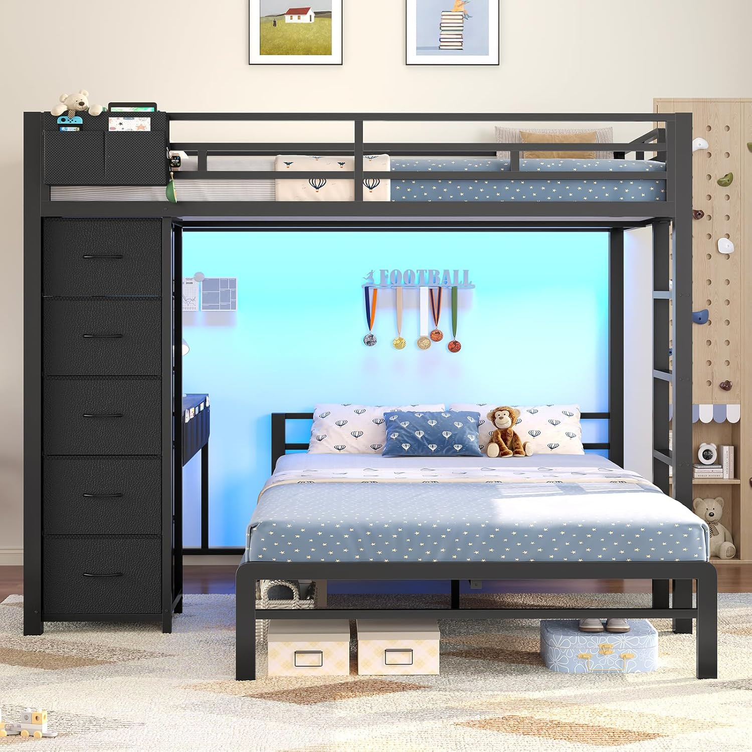 BTHFST Bunk Bed with Desk, Full over Full Bunk Beds with 5 Storage Drawers & Cha
