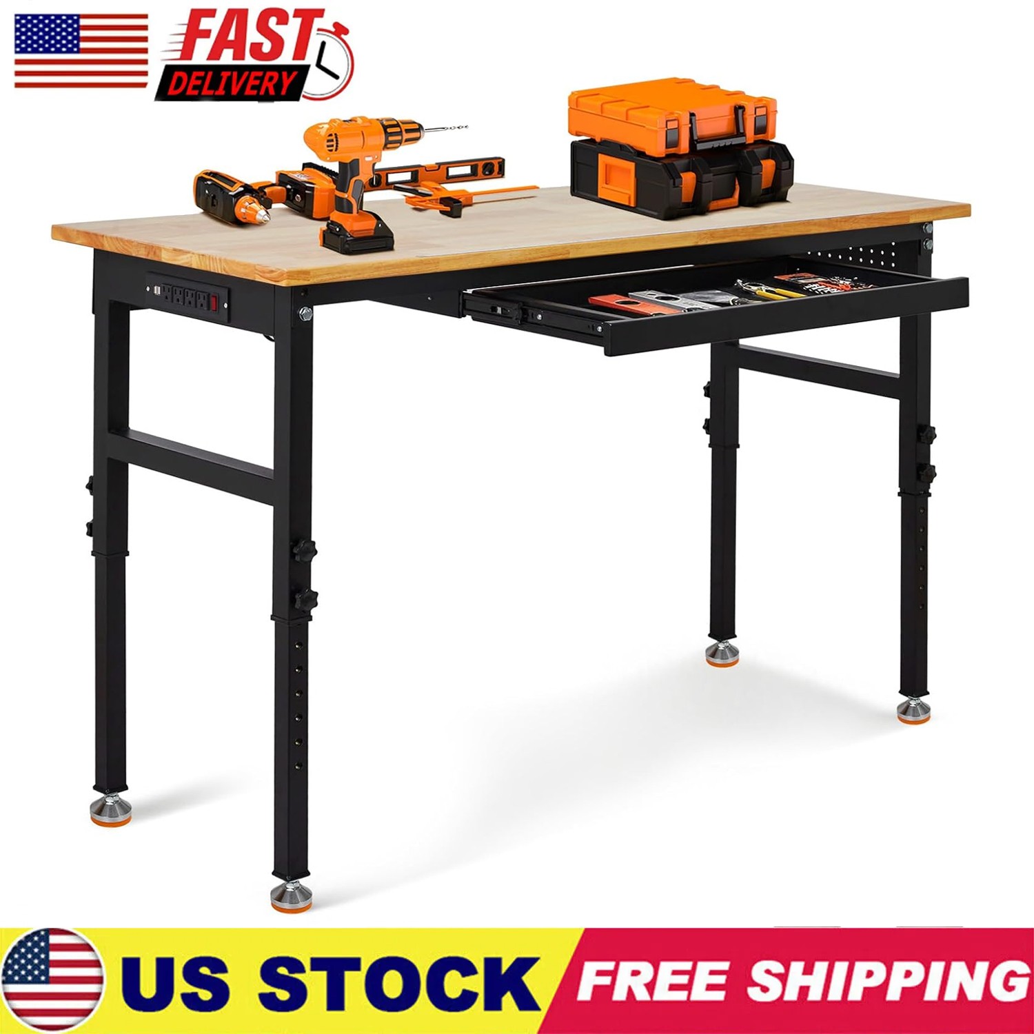 60" Adjustable Work Bench, Workbench Heavy-Duty Work Table for Garage, Workshop