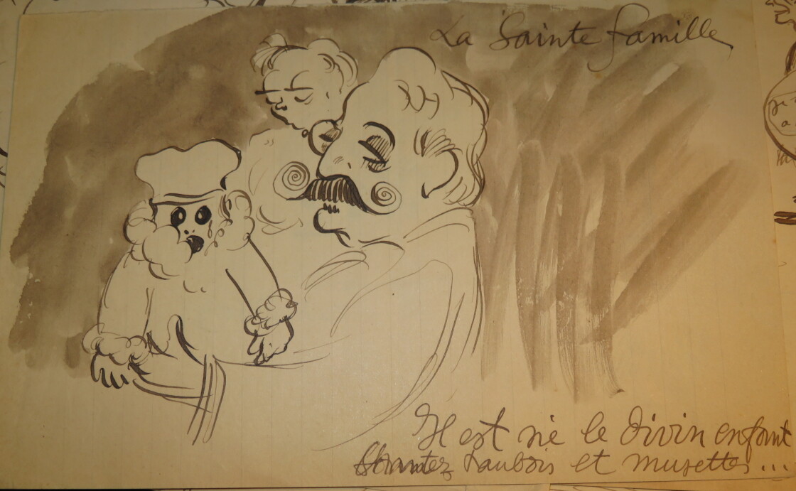 FRENCH SCHOOL XX DRAWING INK CARICATURE BELLE EPOQUE STE FAMILY CHILD 1910