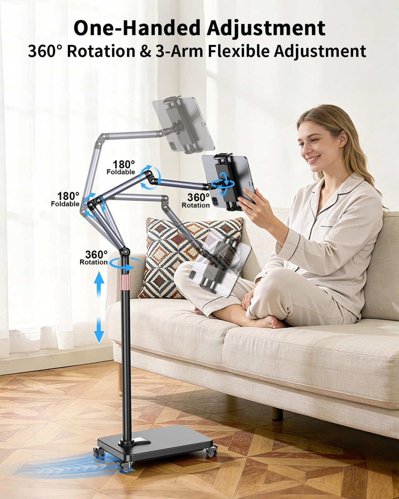 Rolling Tablet Floor Stand with Wheels, Adjustable Aluminum Arm, 360° Rotation