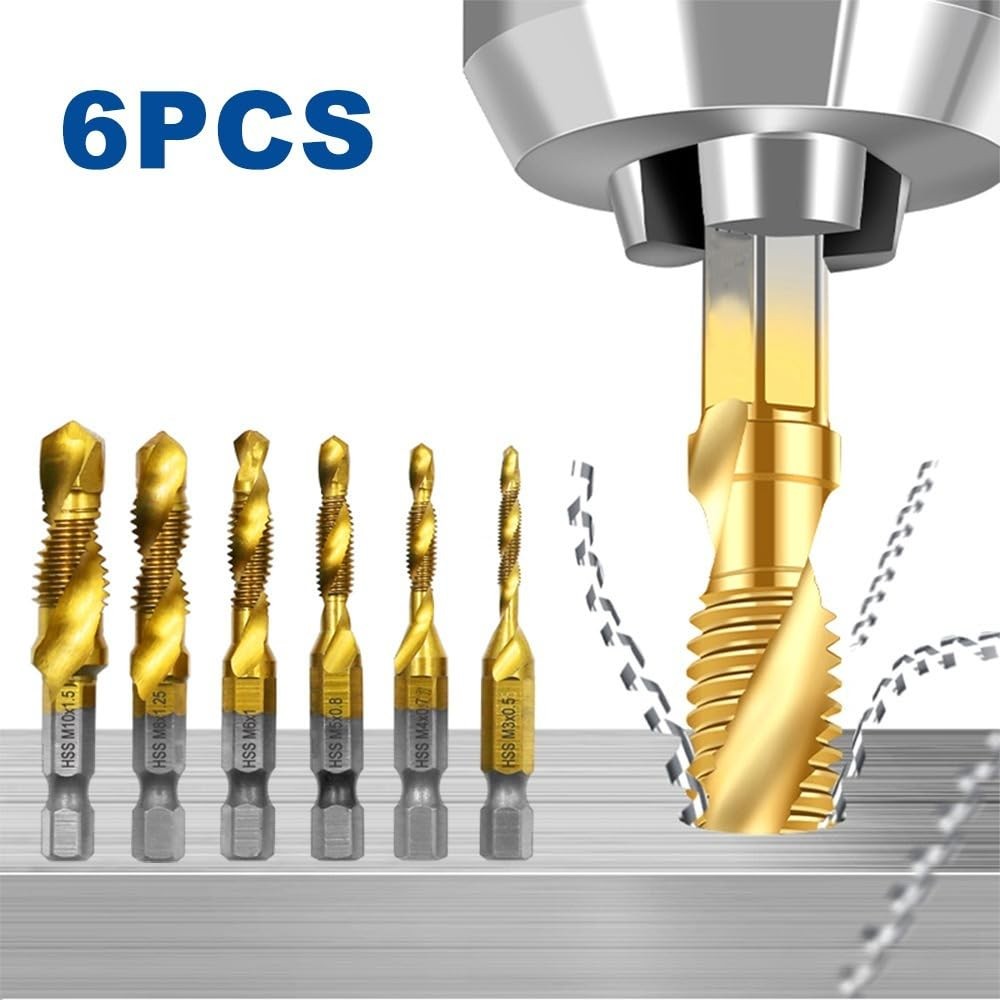 6 PCS Combination Drill and Tap Set, Professional HSS Titanium Thread Tap Dri...