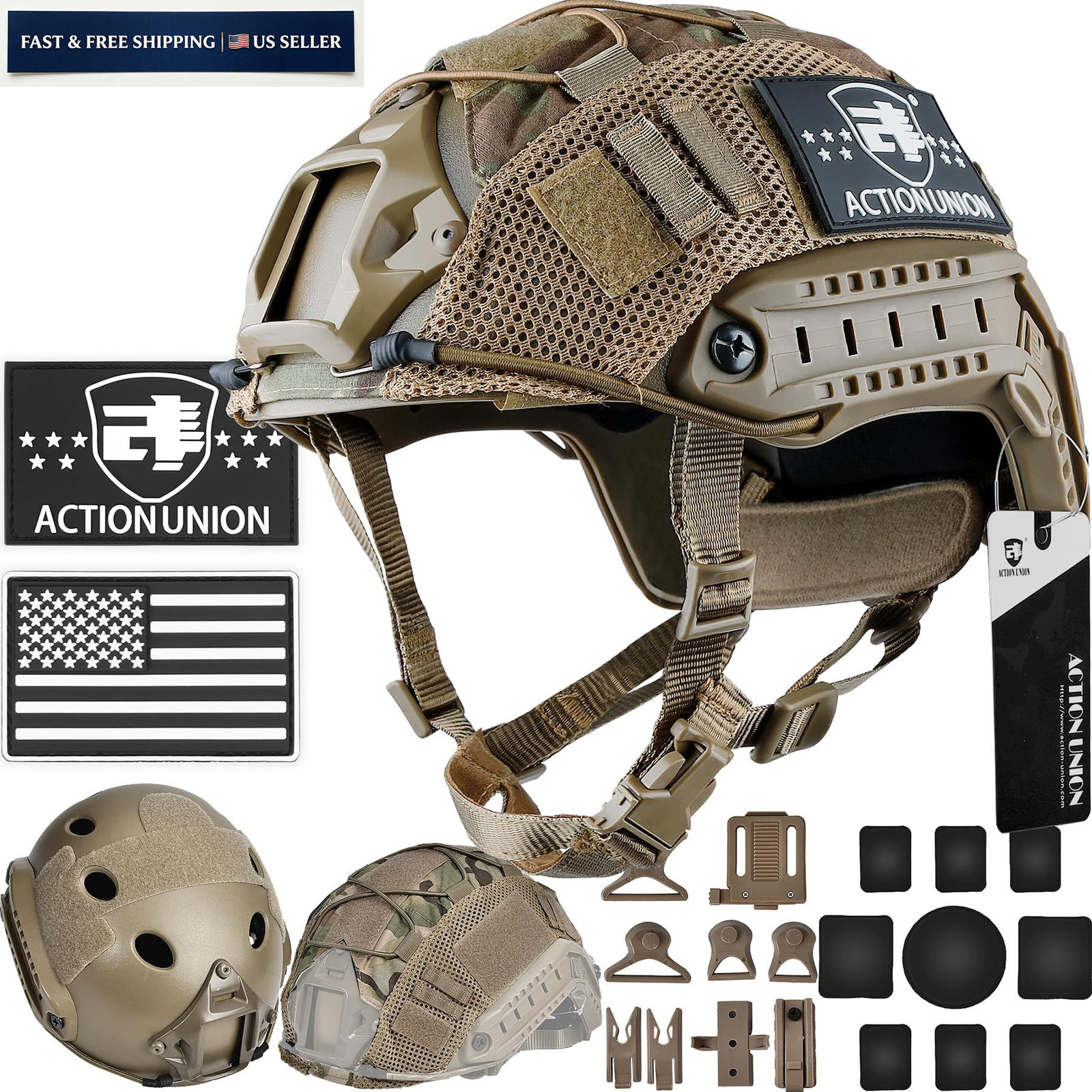 ACTIONUNION Airsoft Helmet Basic Set PJ Type Tactical Paintball Large, Tan