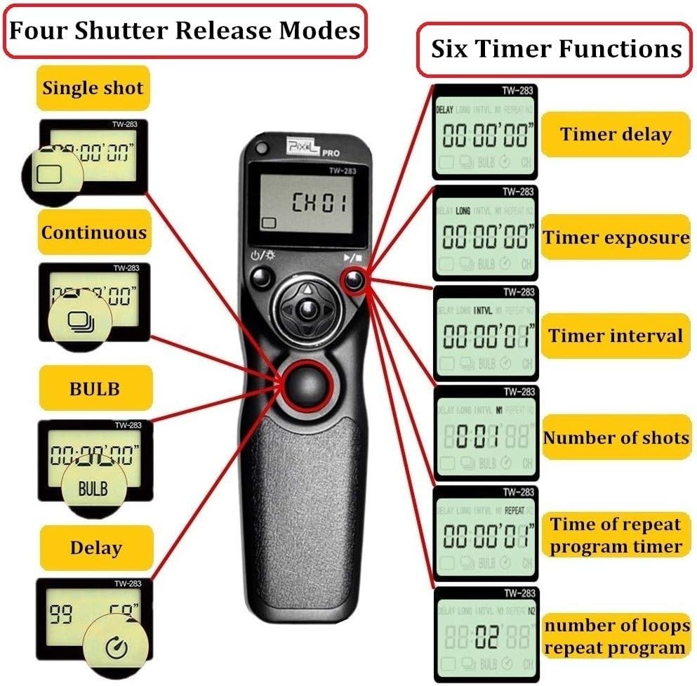 Pixel TW283-E3 Remote Shutter Intervalometer Controller Release Canon Pentax &