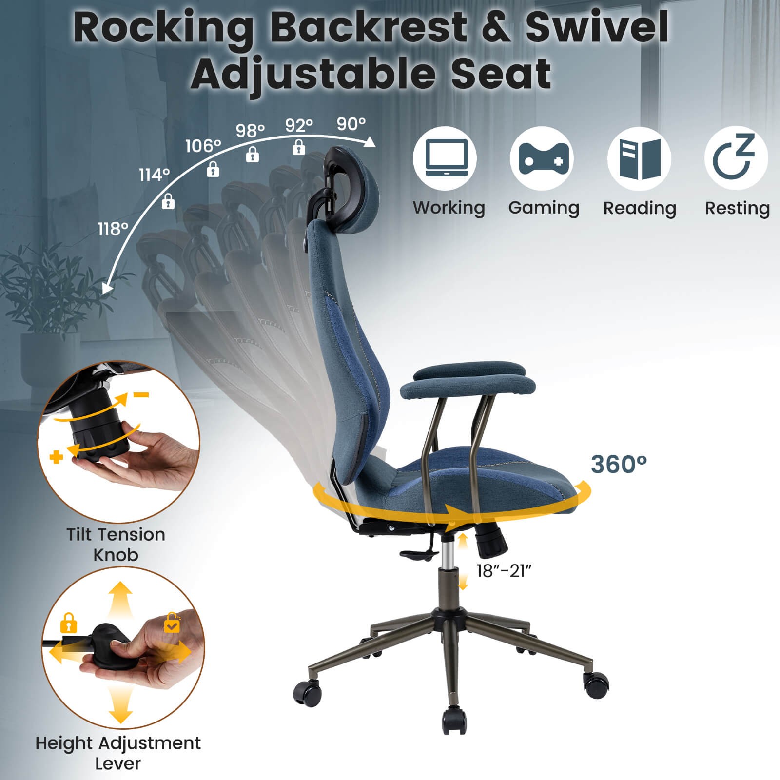 Ergonomic Office Chair w/2D Headrest, Rocking Backrest & Wheels, Gaming Chair