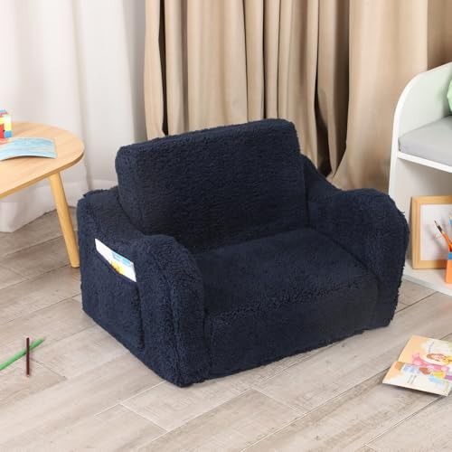 Cozy Kids 2-in-1 Flip-Out Foam Sofa Lounge Chair with Soft Sherpa Cover - Dark B