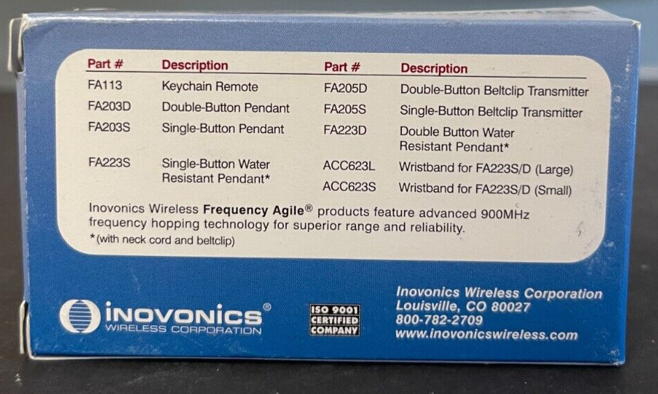 Brand New Inovonics FA205D Double-Button Belt Clip Transmitter