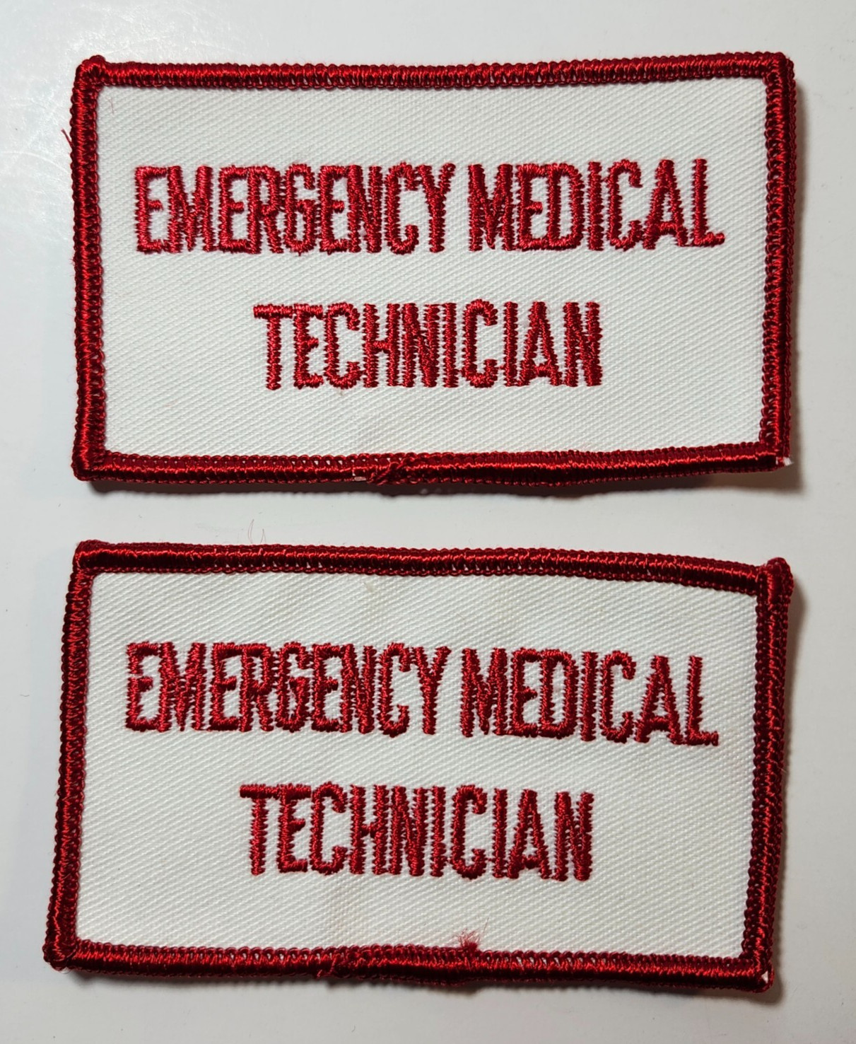 (2) EMERGENCY MEDICAL TECHNICIAN Embroidered Patch | Rectangle | RED ON WHITE