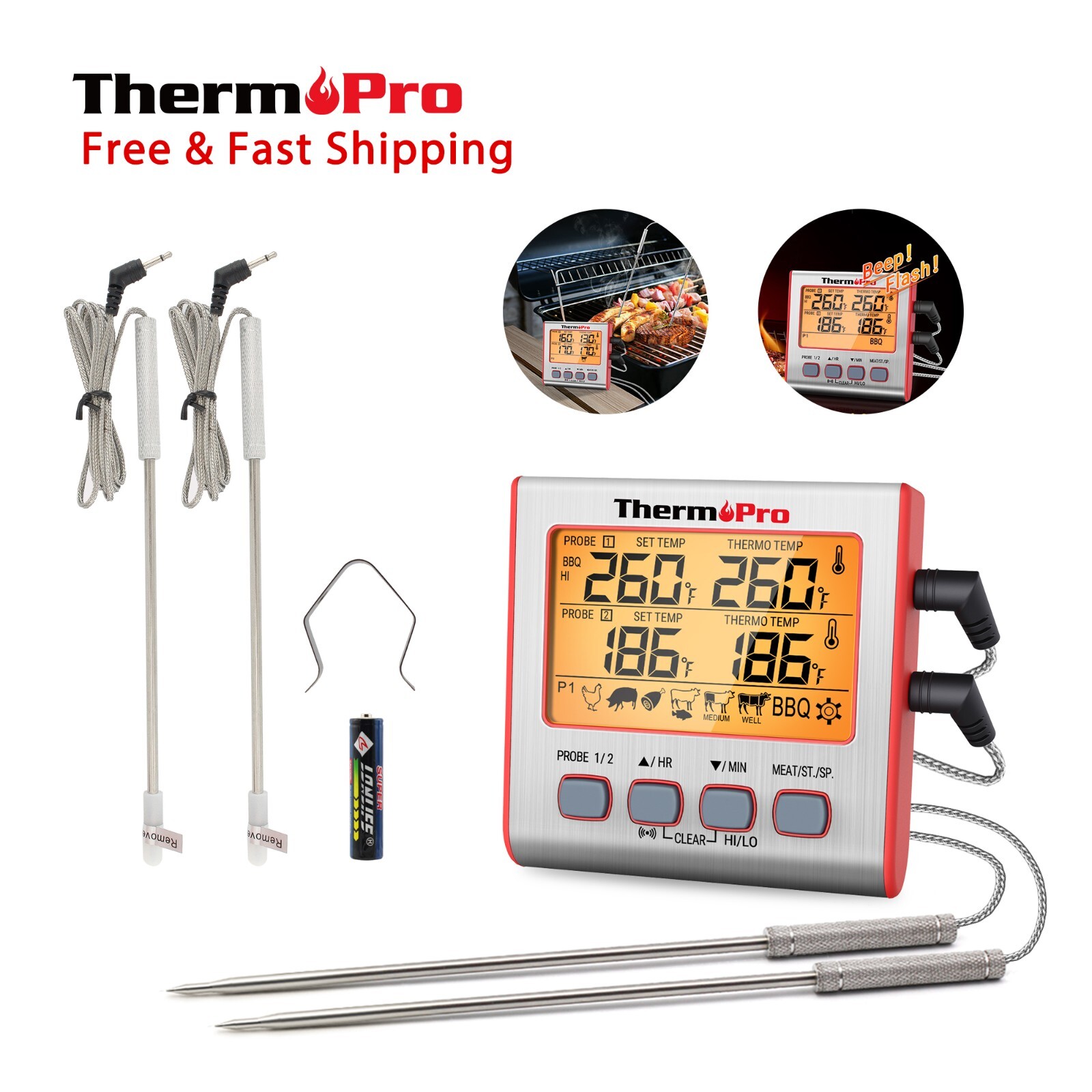 TempPro TP17W Dual Probe Digital Meat Thermometer with Timer Backlight BBQ Grill