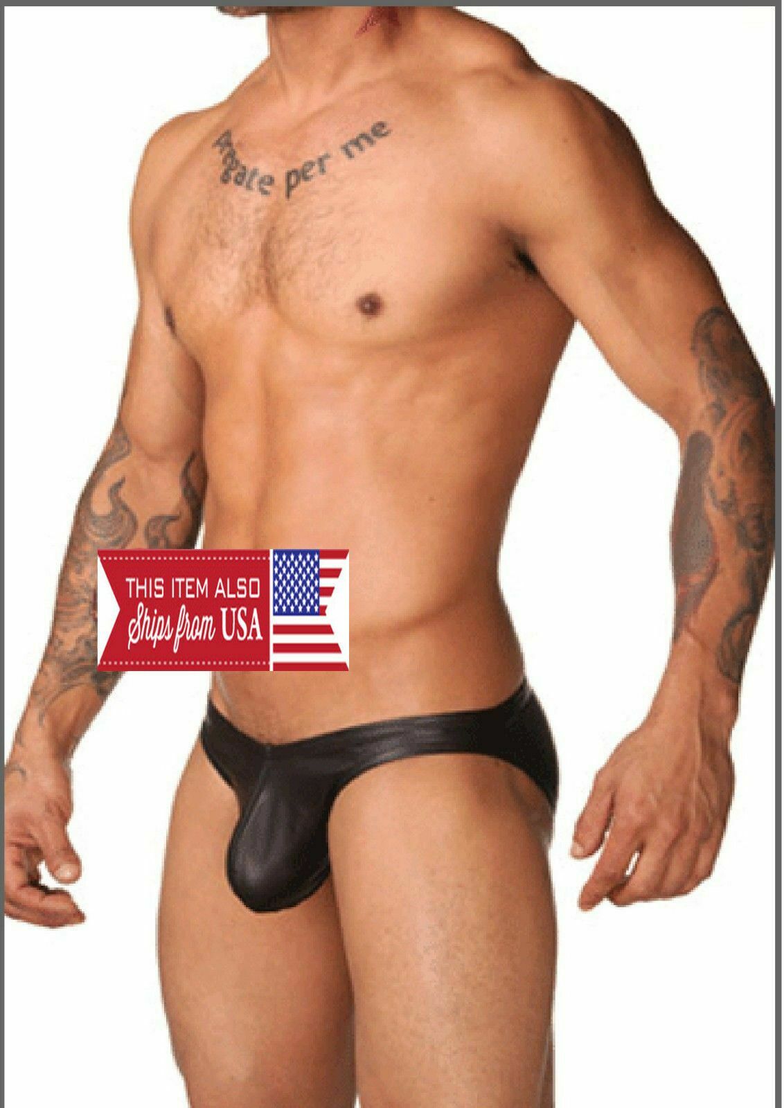 Mens Sexy Black Faux Leather Pouch Briefs Lingerie Swimwear Bikini Underwear 633