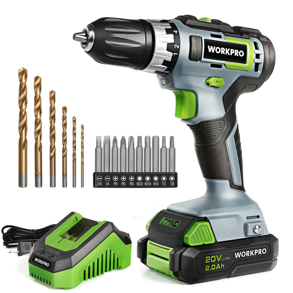 20V 3/8" Cordless Drill/Driver Kit 18+2 Torque Variable Speed 2A Battery Charger