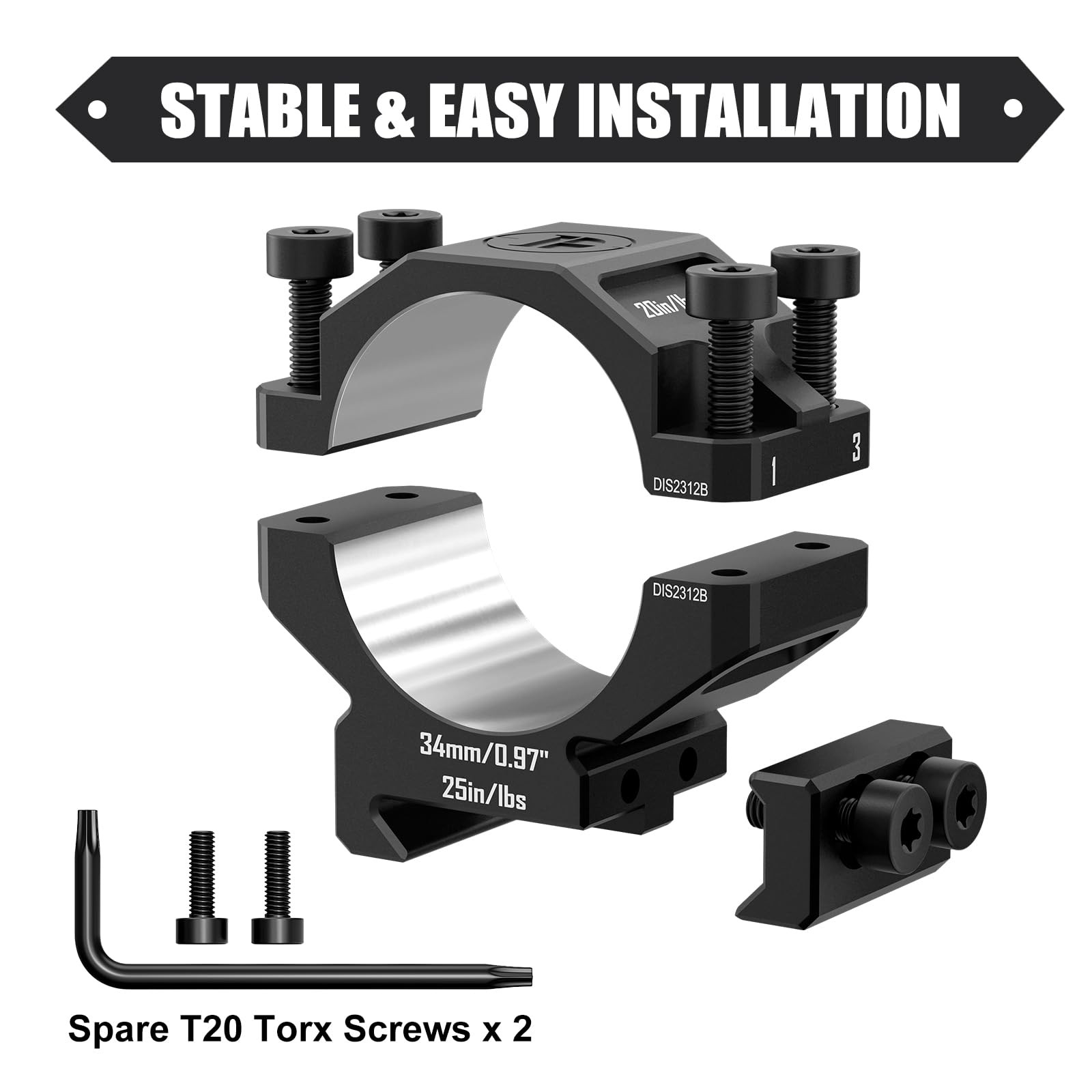 DISCOVERYOPT 34mm Scope Rings, Precision Lapped Picatinny Black