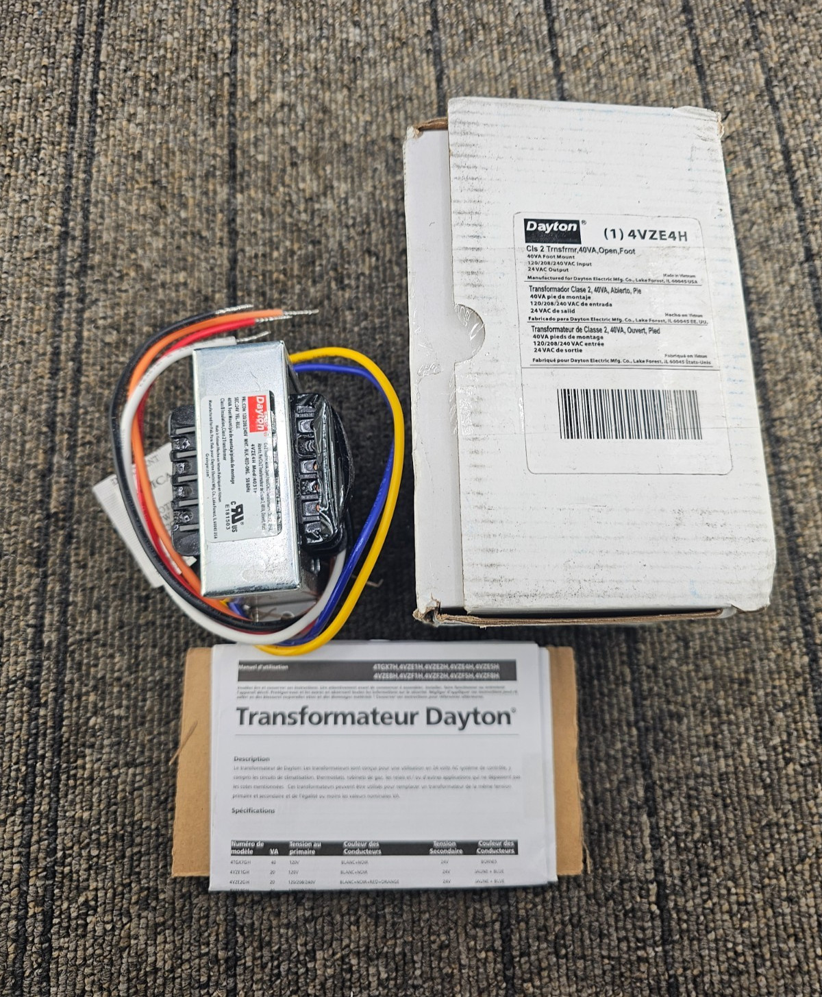 DAYTON 4VZE4H: CLASS 2 TRANSFORMER 40VA, OPEN, FOOT MOUNT
