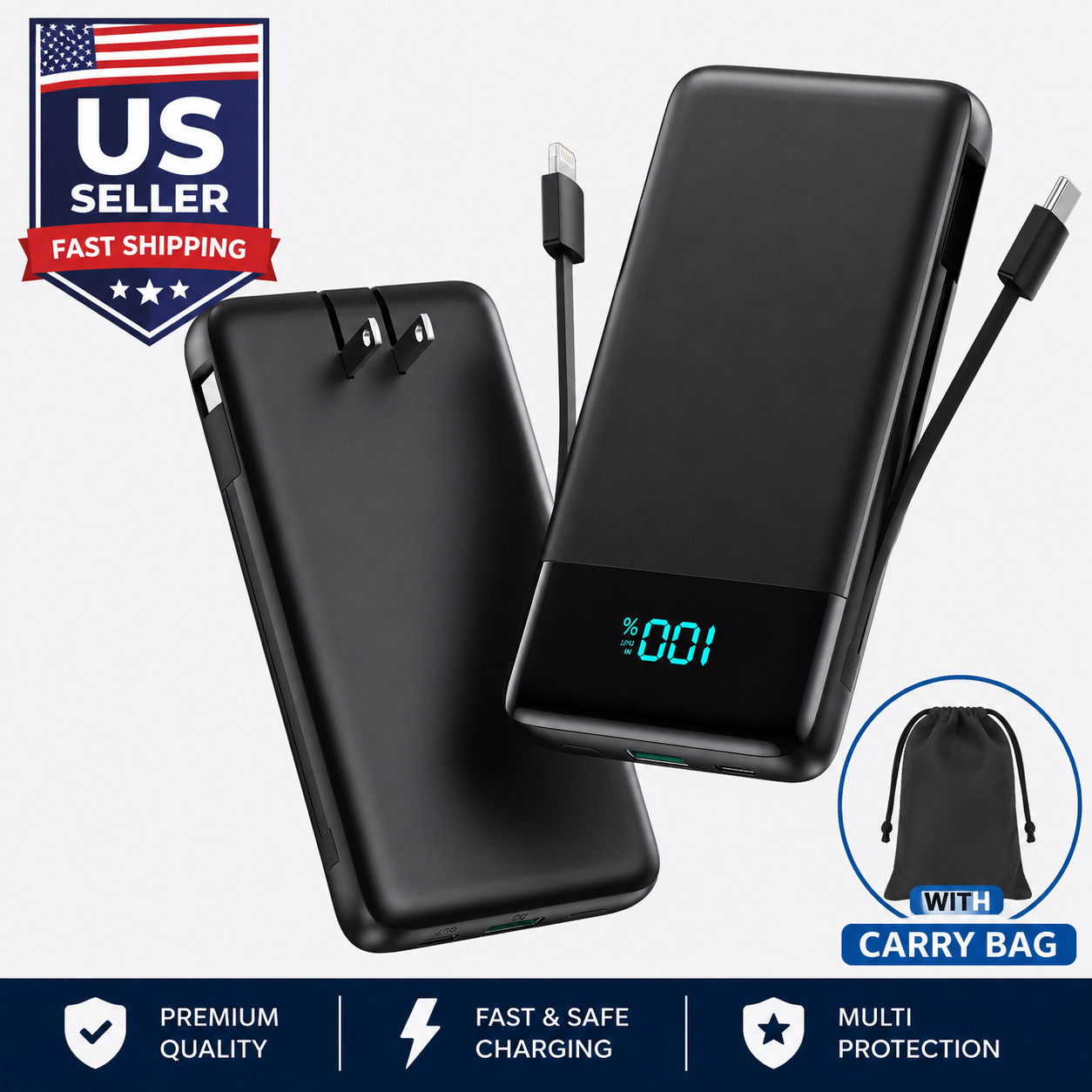 13800mAh Power Bank Portable Charger Built-in USB-C & iPhone Cables AC Plug