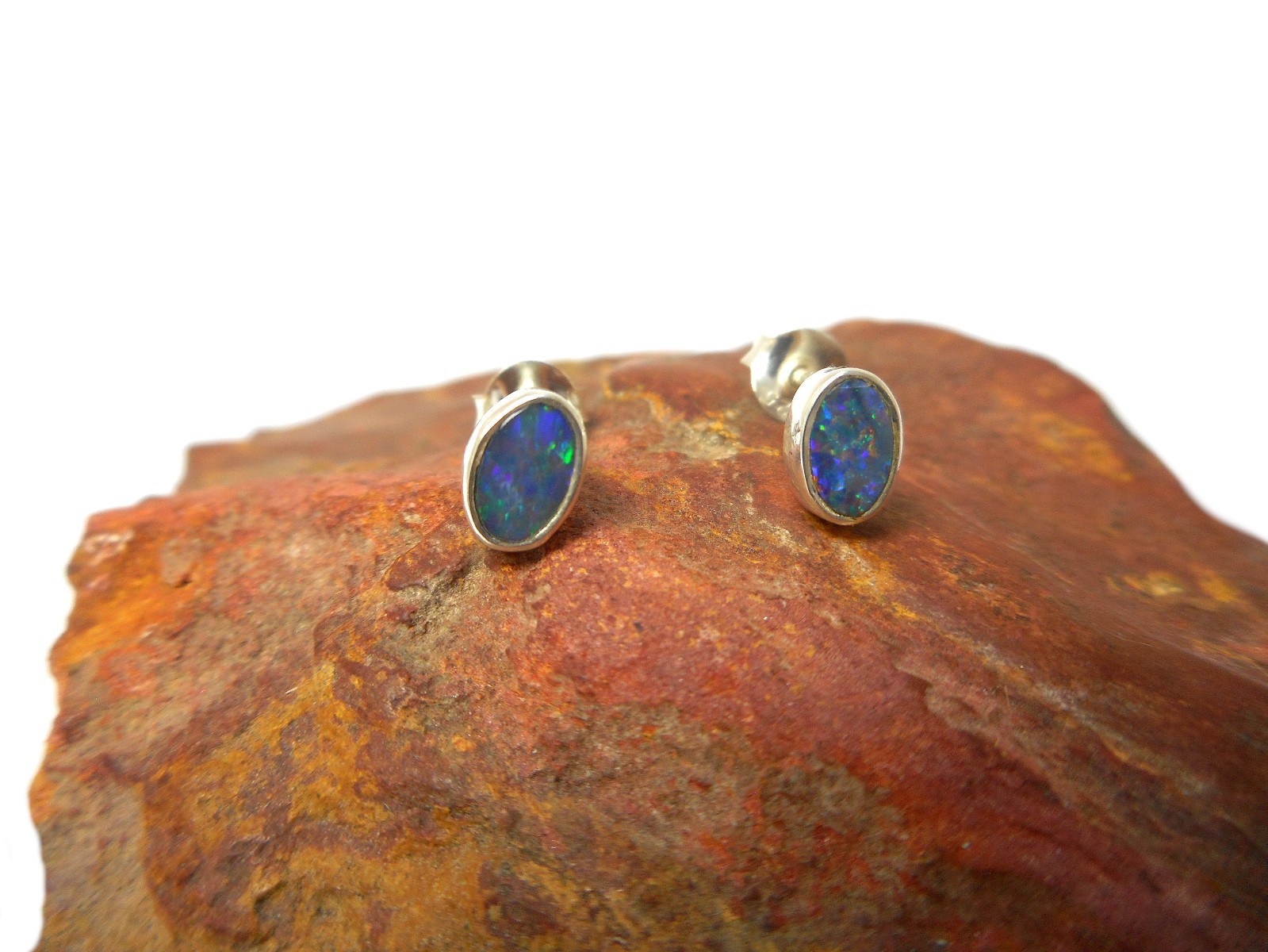 Natural Small Australian Opal Stud Earrings - Sterling Silver Gemstone