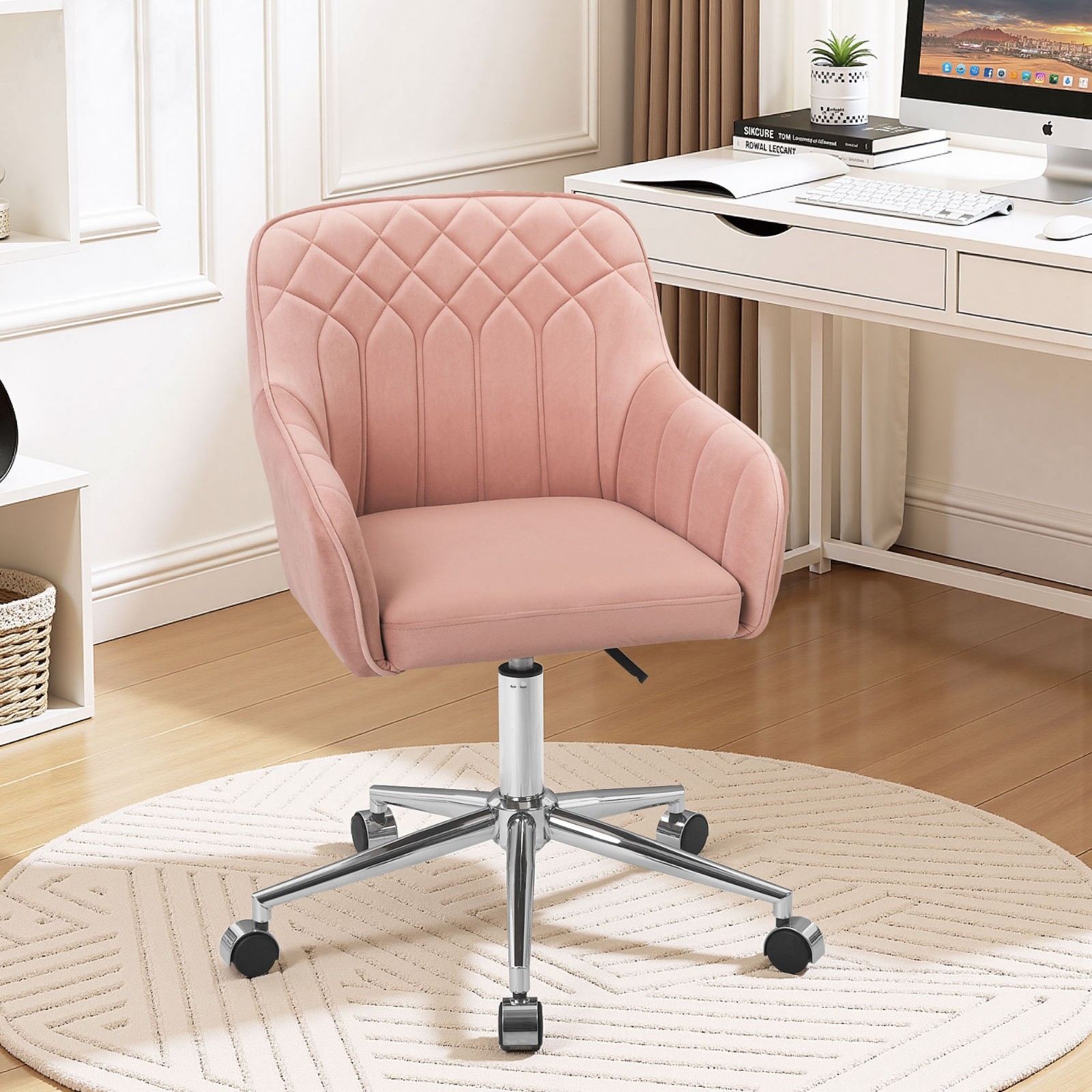 Velvet Office Chair w/Wheels Adjustable Swivel Vanity Chair Desk Chair Backrest