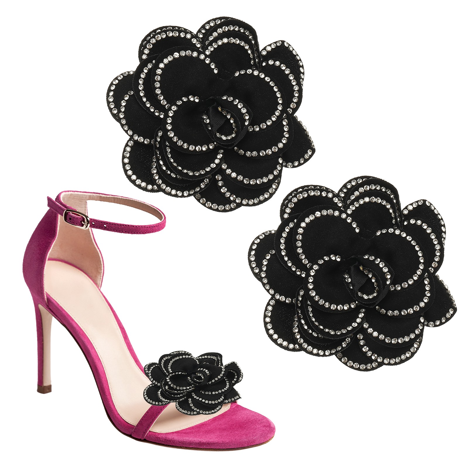 3" Decorative Shoe Clips, 2 Pcs Flower Rhinestone Clips for Women, Black