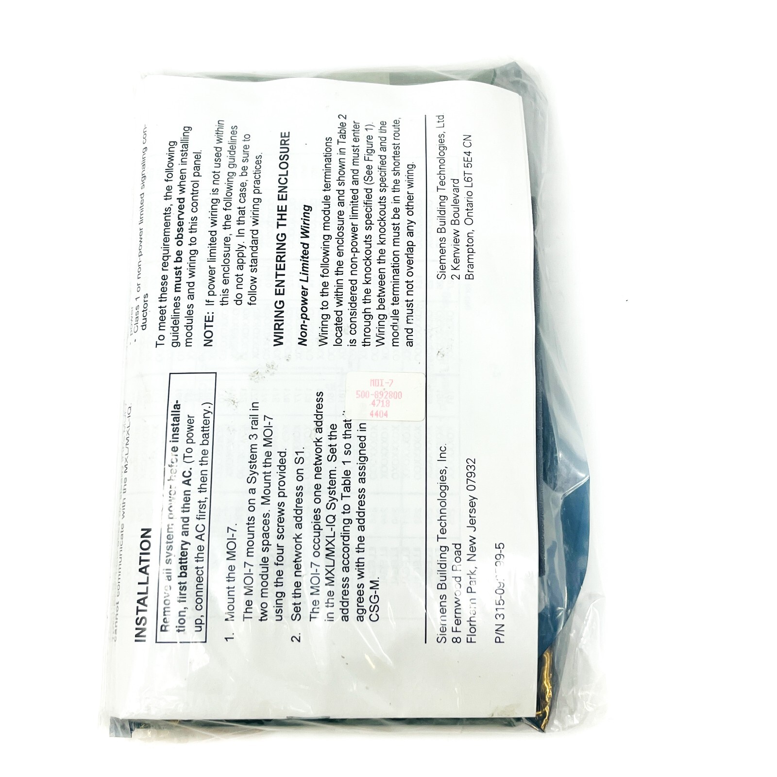 Siemens MOI-7 Cerberus Pyrotronics 500-892800 Network Input Output Module