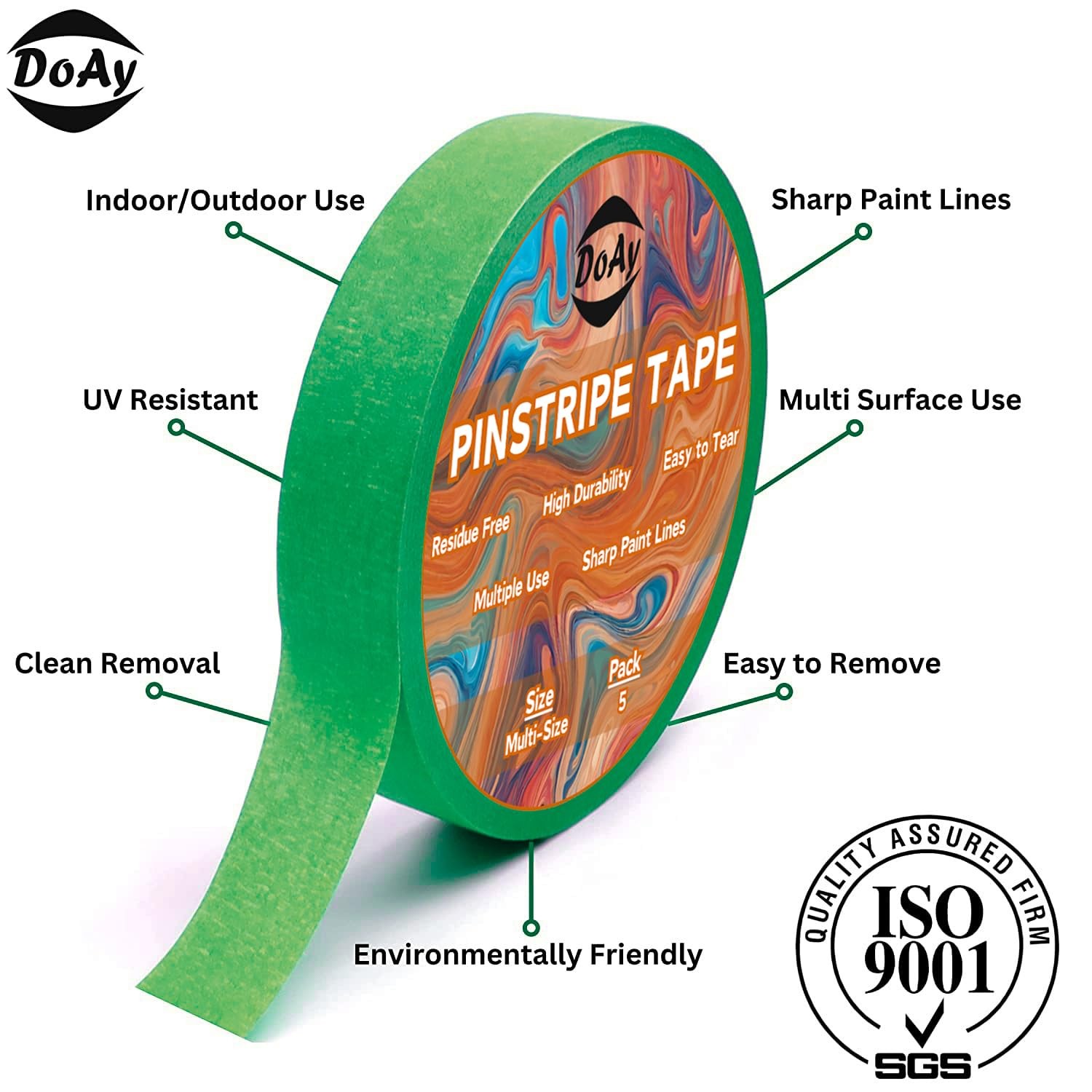 DOAY 5 Rolls Pinstripe Tape - 1/16", 1/8", 1/4", 1/2", 3/4" x 30 Yards, Green