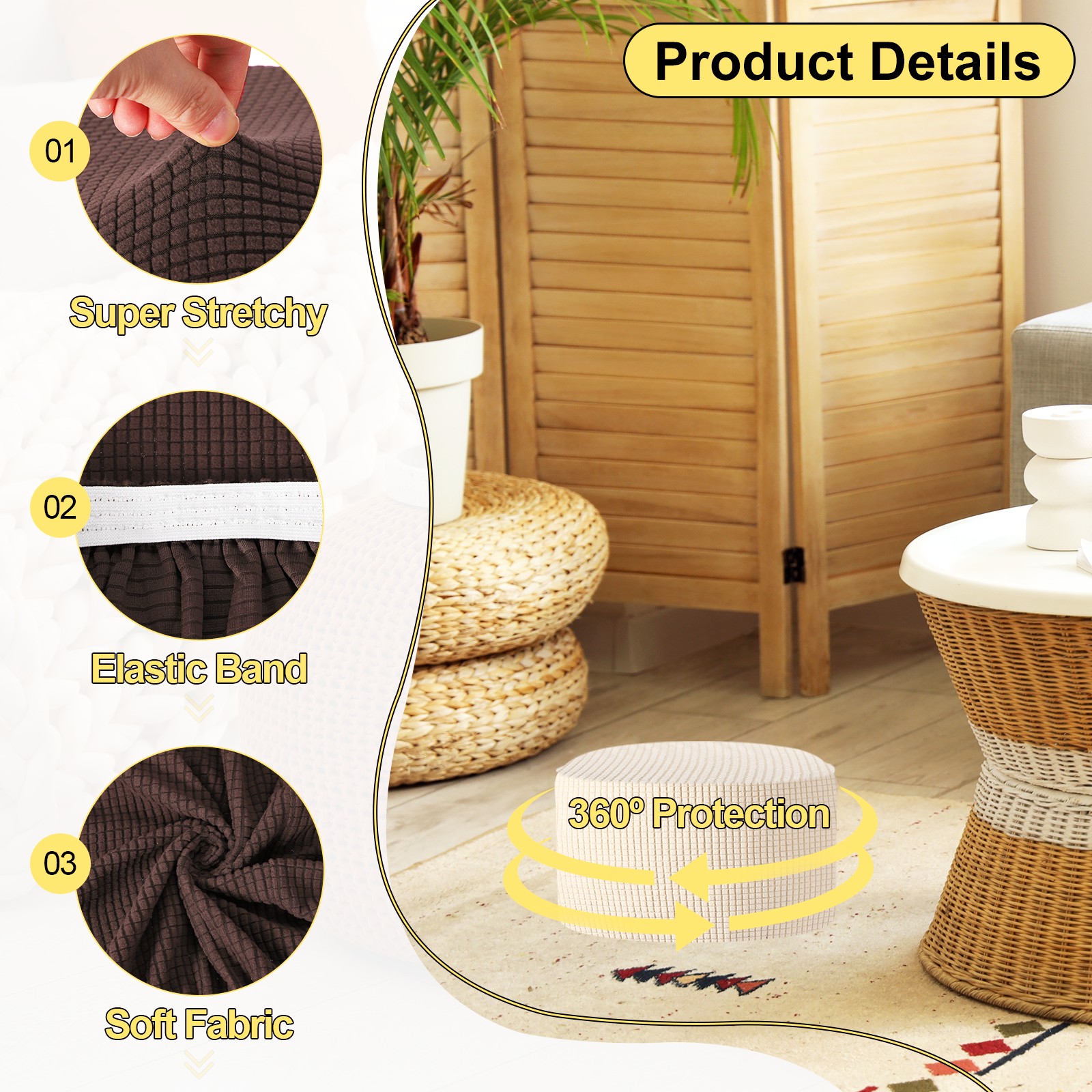 Ottomen Cover Round with Elastic Bottom, (Medium Size, Brown)