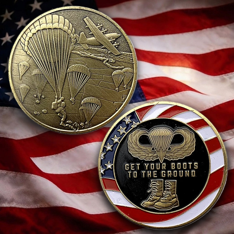 US Army Airborne Paratrooper Challenge Coin Military Veteran Boots On Ground