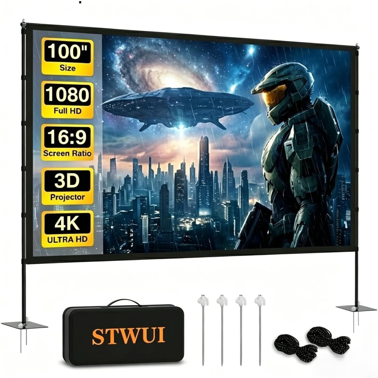 Pantalla de Proyector con Soporte 100 Pulgadas Portatil Exterior 16 9 4K Cine
