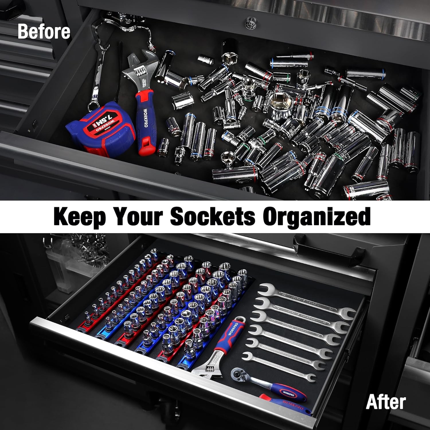 3 Rail Magnetic Socket Organizer Set for Tool Storage, Heavy Duty Socket Holder