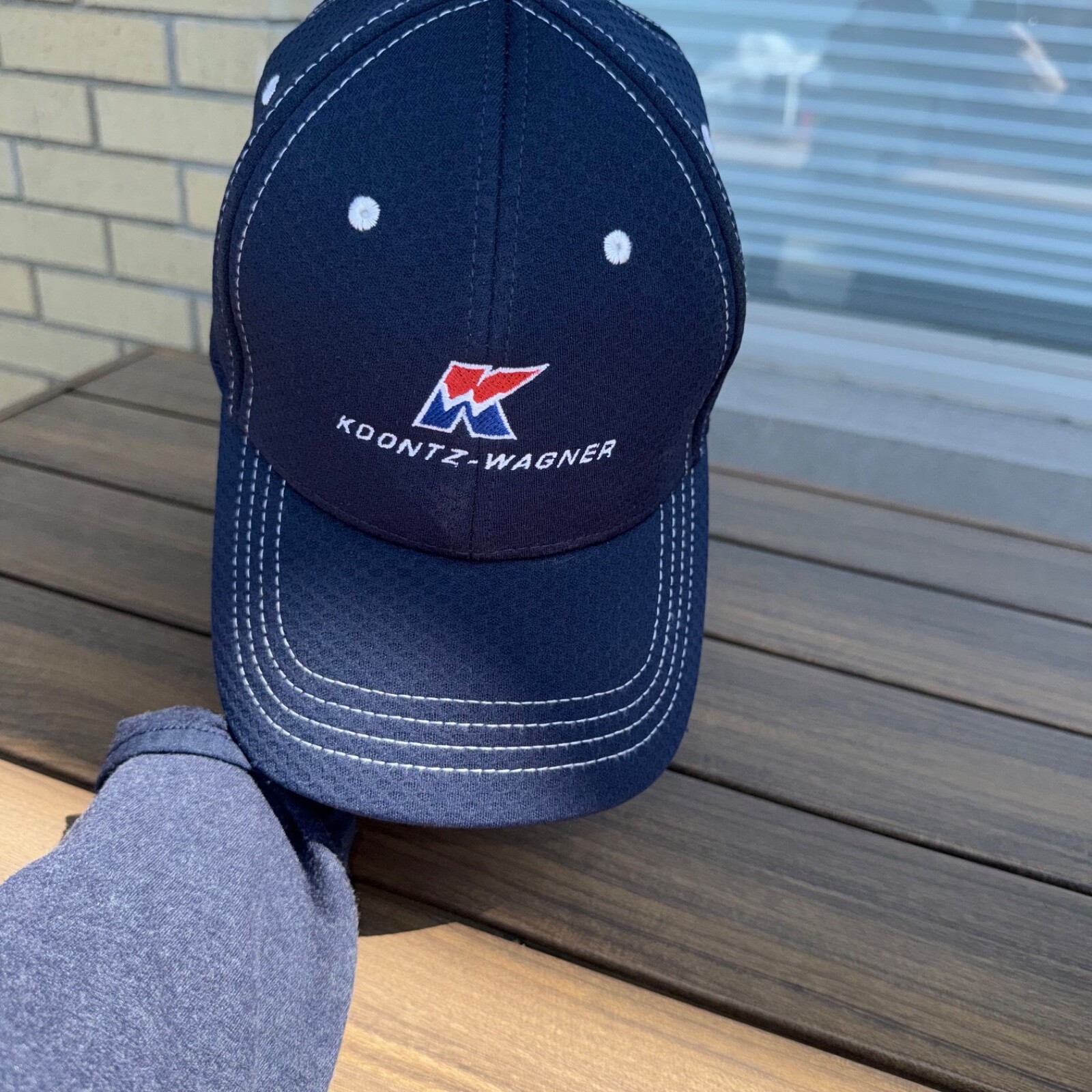 Koontz-Wagner RWb K Logo Letters on Navy Blue Hat Cap Hook Loop Top Stitch EUC